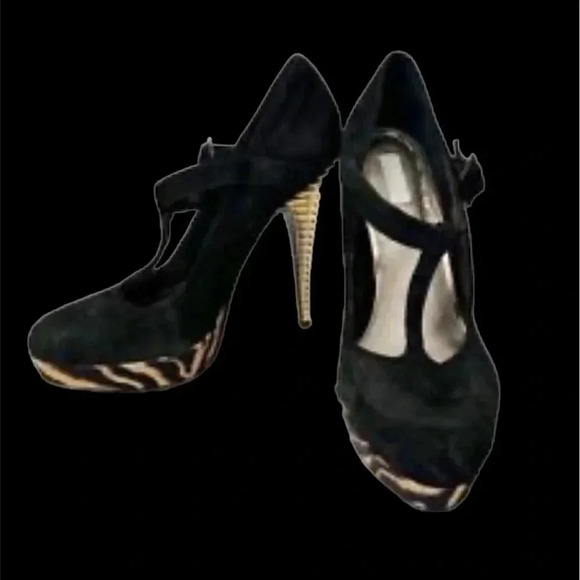 Rachel Roy Kistyn black  suede leather platform Tiger striped heels Sz 9.5 - Picture 11 of 13